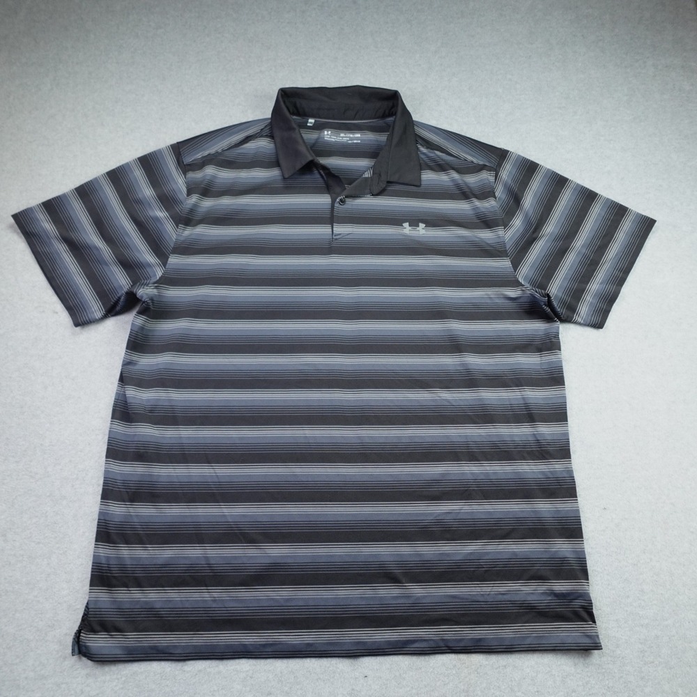 Under Armour Polo Shirt Mens 2XL Black Gray Striped HeatGear Loose Golf